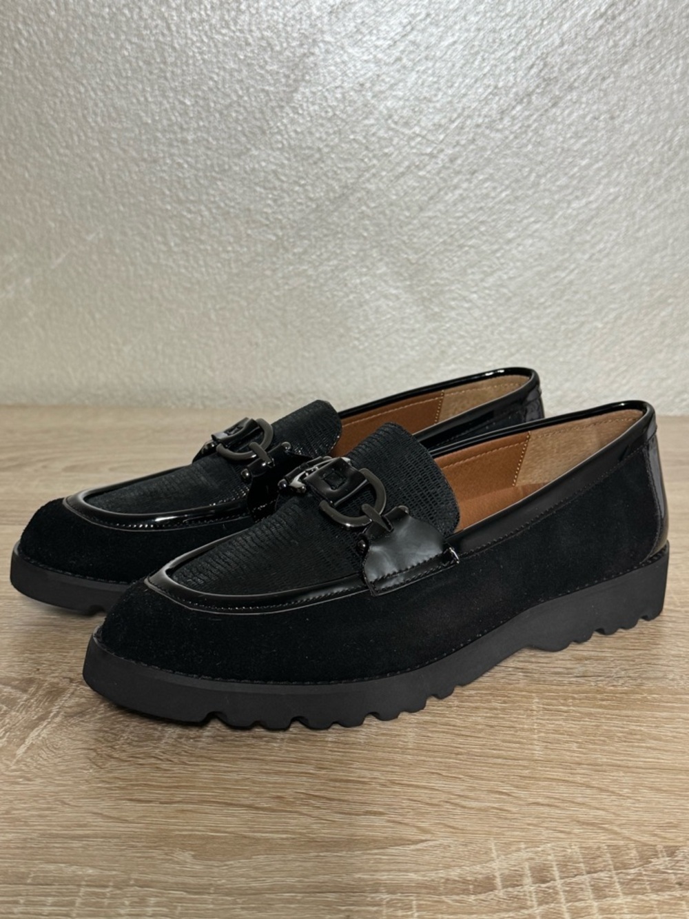 Donald Pliner Clio Bit Shoes Loafer Black Suede Patent Leather Women 8M
